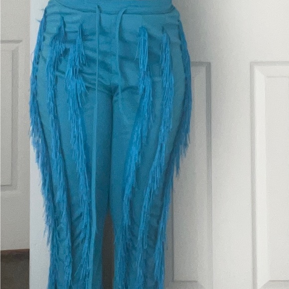 Turquoise Casual Tank Top & Tassel Decor Drawstring Pants Set - Picture 5 of 6